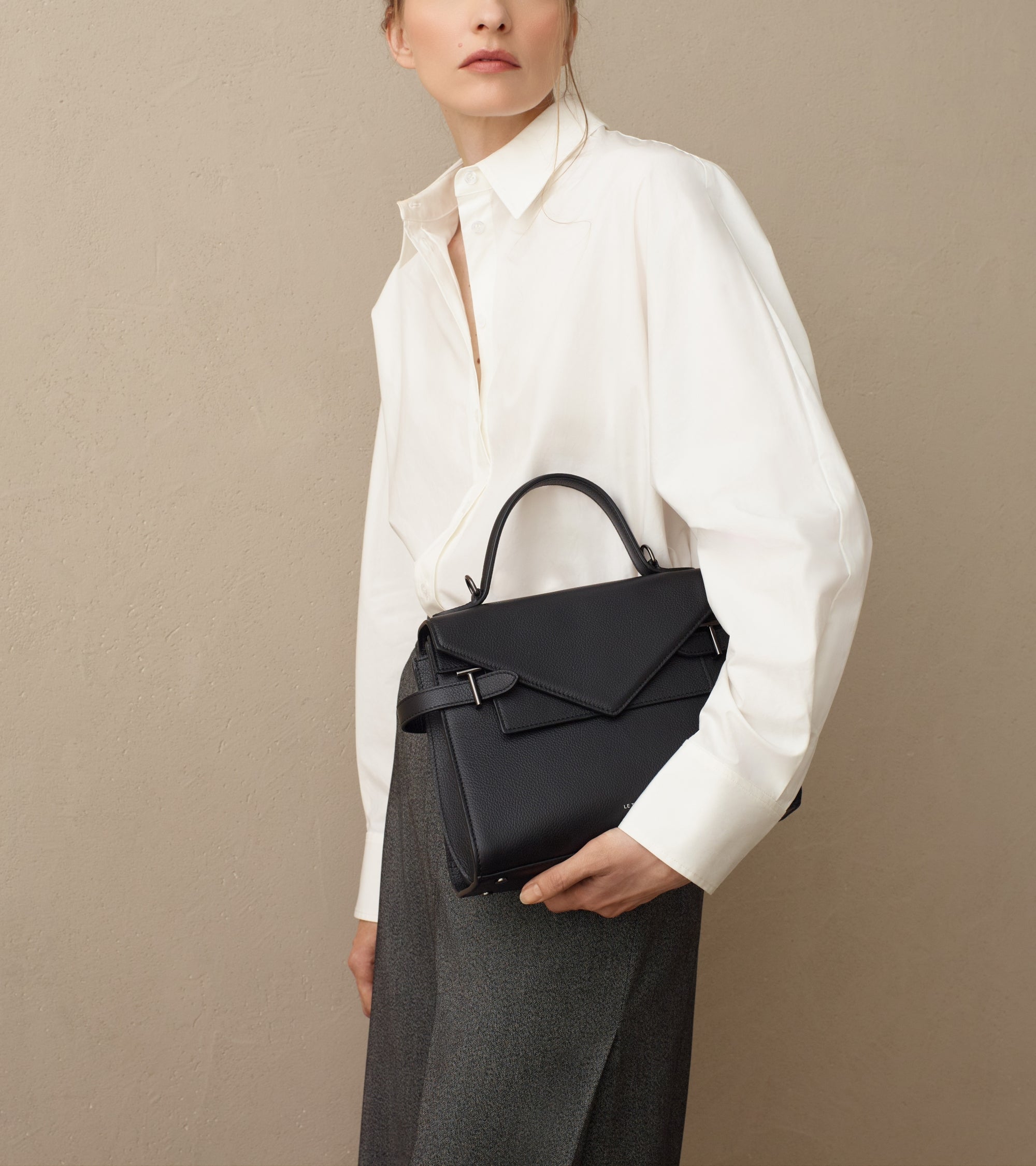 Sac à main double rabat moyen modèle Emilie en cuir grainé