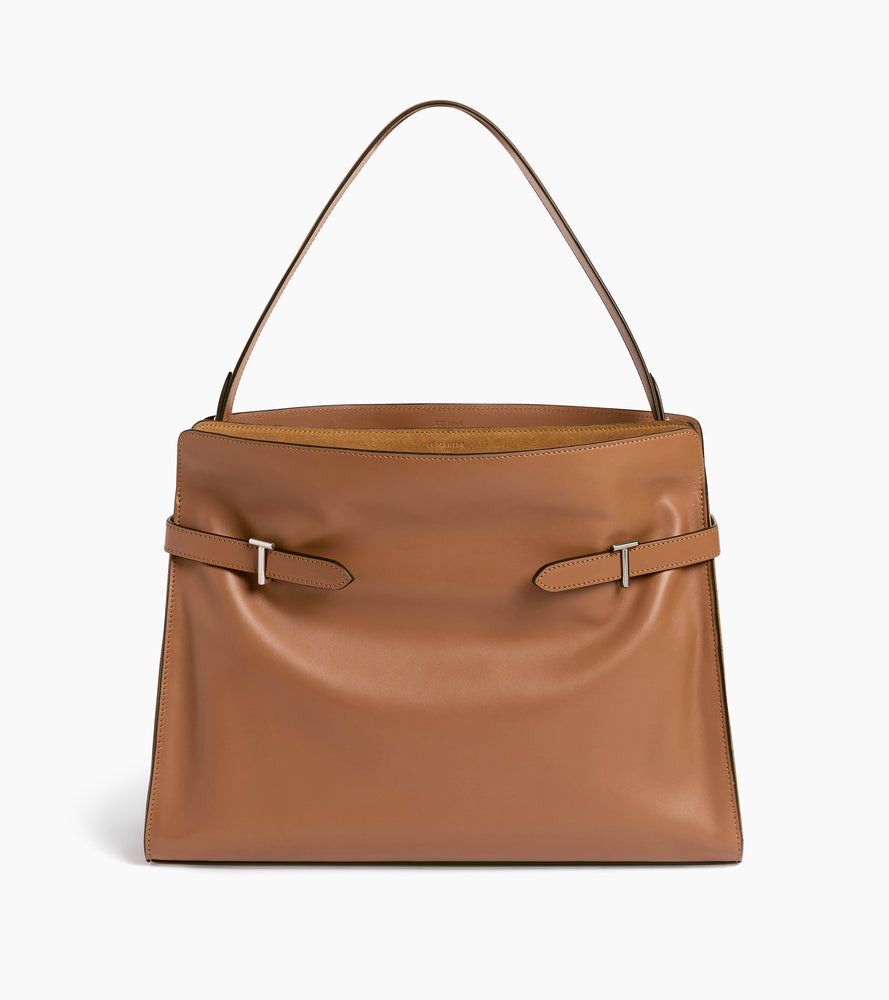 Sac porté épaule modèle maxi Emie en cuir lisse et refente de velours